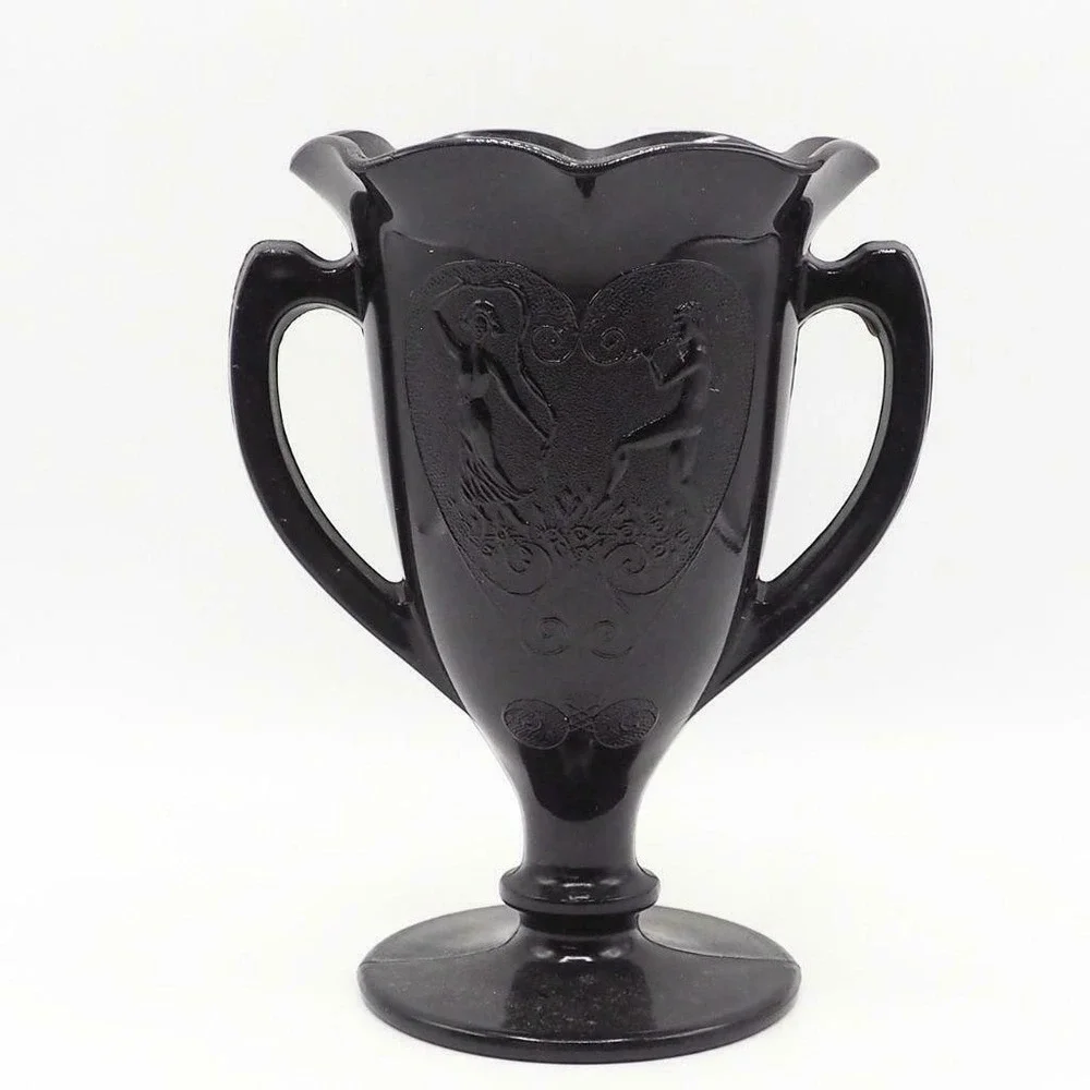 L.E. Smith Glass Snake Dance Black Amethyst Trophy Vase 1932 Art Deco 2-Handle